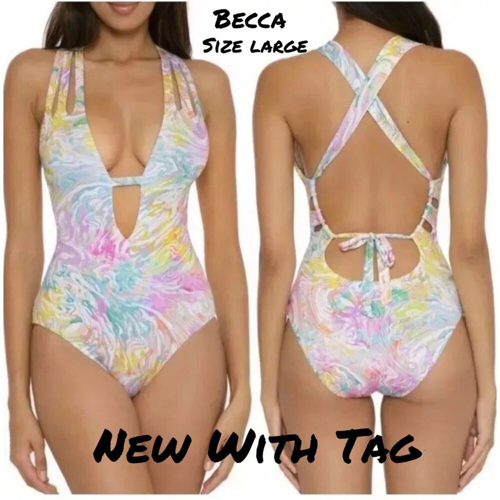 Becca by Rebecca Skyler Plunge One Piece Swimsuit - Pastel, Size Large, New